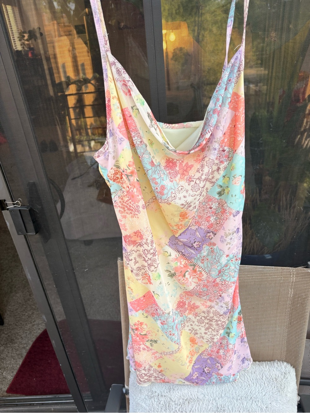🩵 floral patchwork cowl neck slip dress 👗